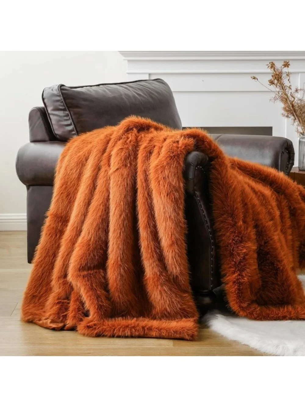 Cozy Luxury Orange Faux Fur Throw Blanket - Soft Fall Decor, 50